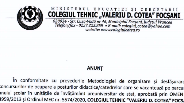 Anunț – Metodologie organizare si desfasurare concurs post/catedra – matematica