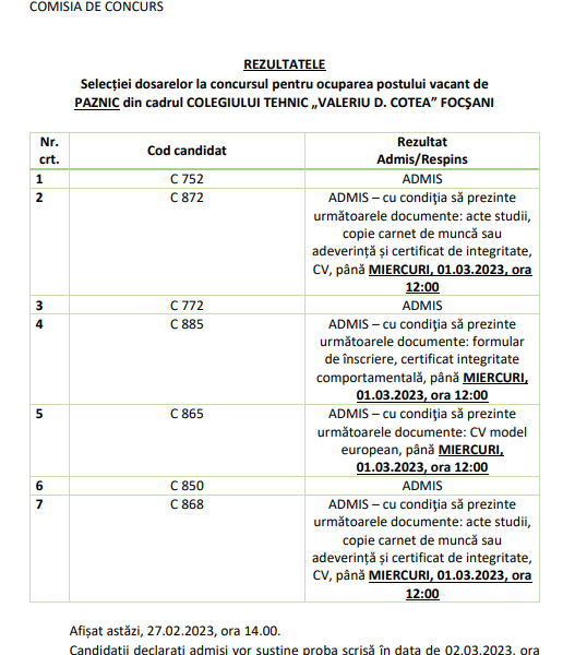 Rezultate selectie dosare muncitor
