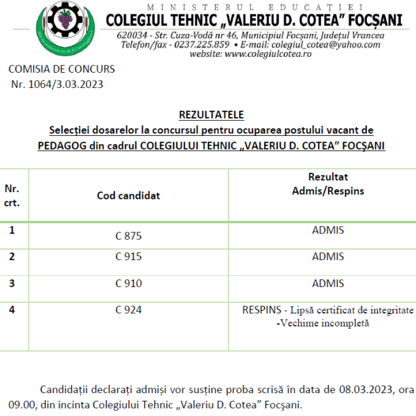 REZULTATE SELECTIE DOSARE CONCURS POST PEDAGOG