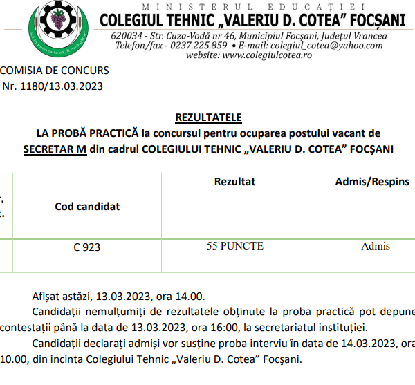 Rezultate proba practica concurs Secretar M