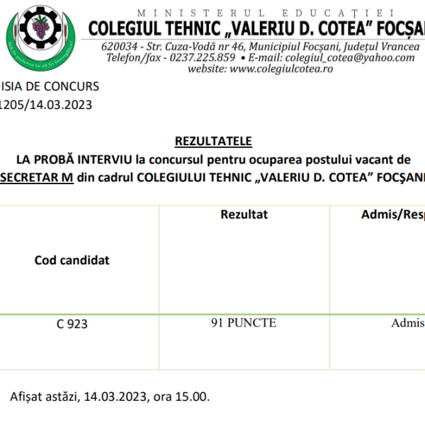 REZULTATE PROBA INTERVIU CONCURS SECRETAR M