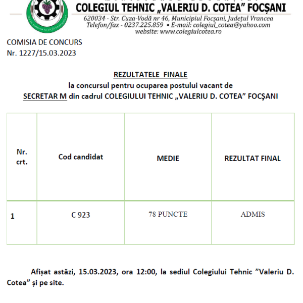 REZULTATE FINALE CONCURS SECRETAR M.