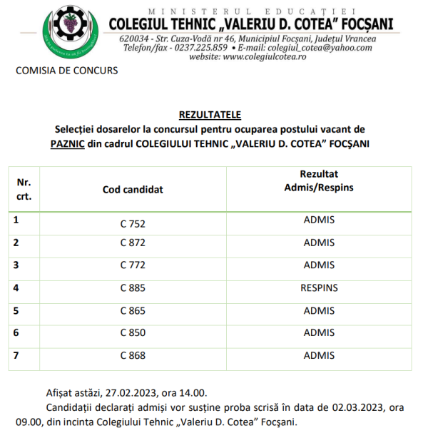 REZULTATE SELECTIE DOSARE CONCURS PAZNIC