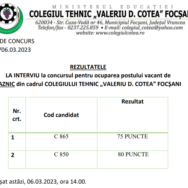 REZULTATE INTERVIU CONCURS PAZNIC