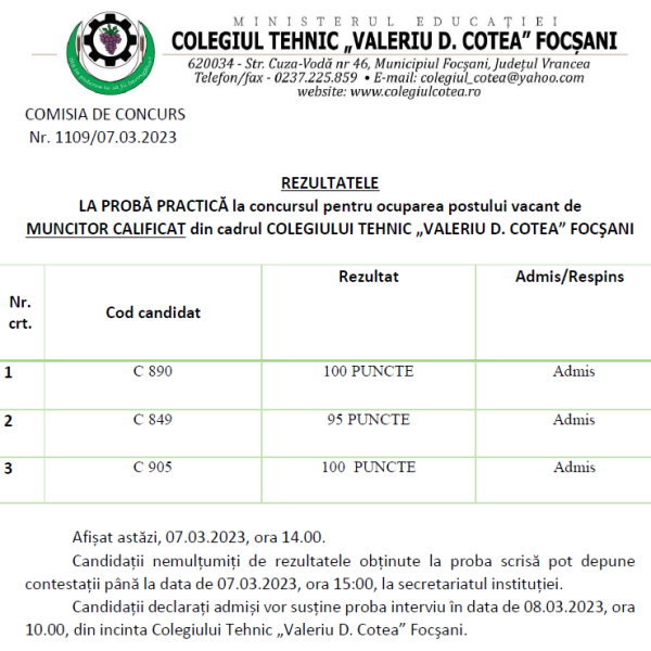 REZULTATE PROBĂ PRACTICA CONCURS MUNCITOR CALIFICAT
