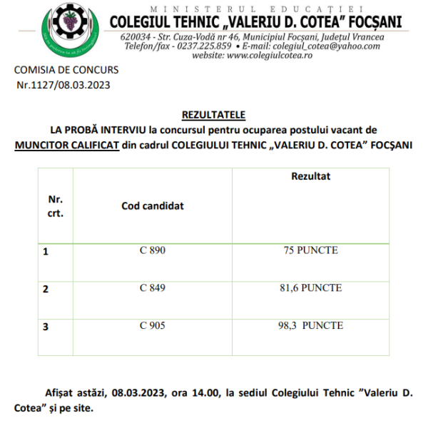 REZULTATE PROBĂ INTERVIU MUNCITOR
