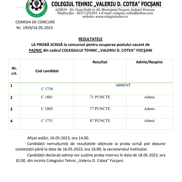 Rezultate la proba scrisă – Concurs Paznic