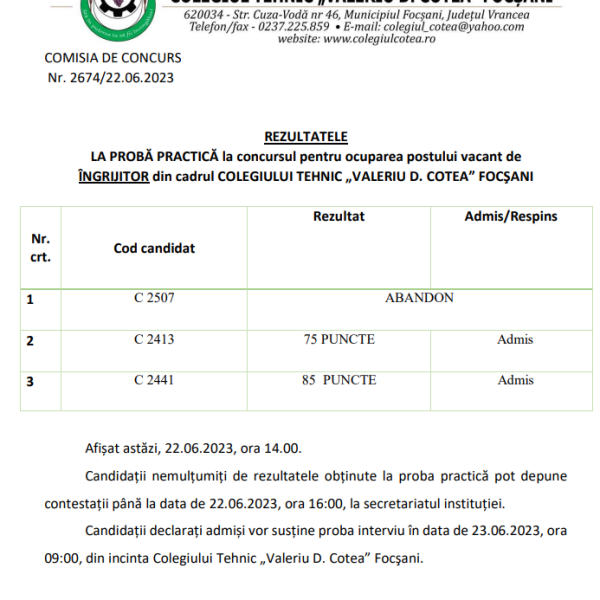 REZULTATE PROBĂ PRACTICA CONCURS INGRIJITOR