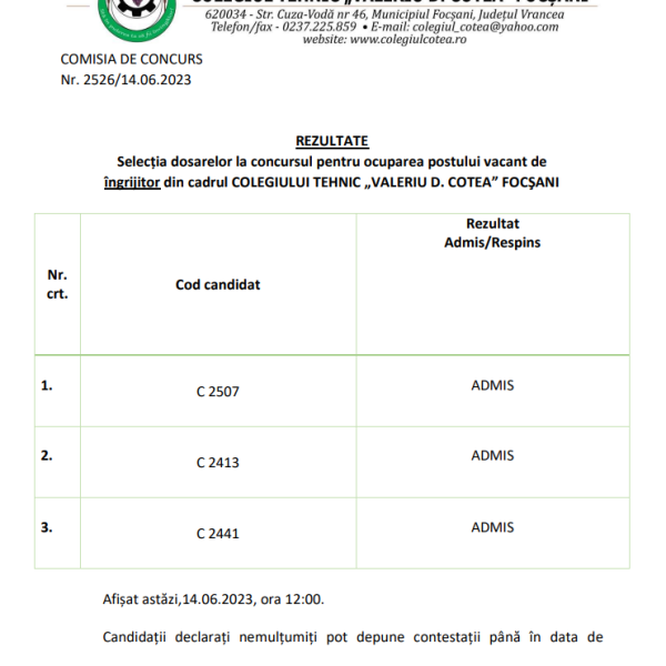 Anunț selecție dosare concurs îngrijitor