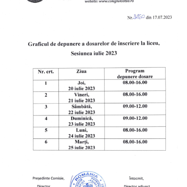 Grafic inscriere la liceu – sesiunea iulie 2023