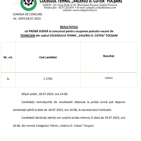 Rezultate proba scrisă – concurs post vacant tehnician