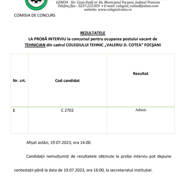 Rezultate proba INTERVIU – concurs post vacant TEHNICIAN