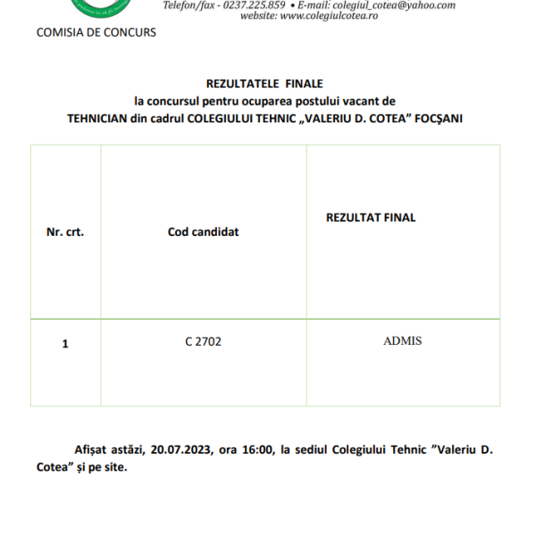 REZULTATE FINALE – Concurs post vacant TEHNICIAN