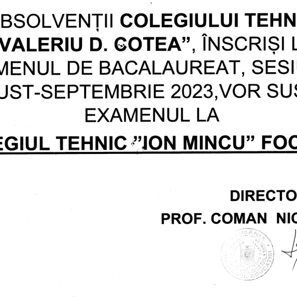 Anunț privind susținerea Examenului de Bacalaureat sesiunea August-Septembrie 2023