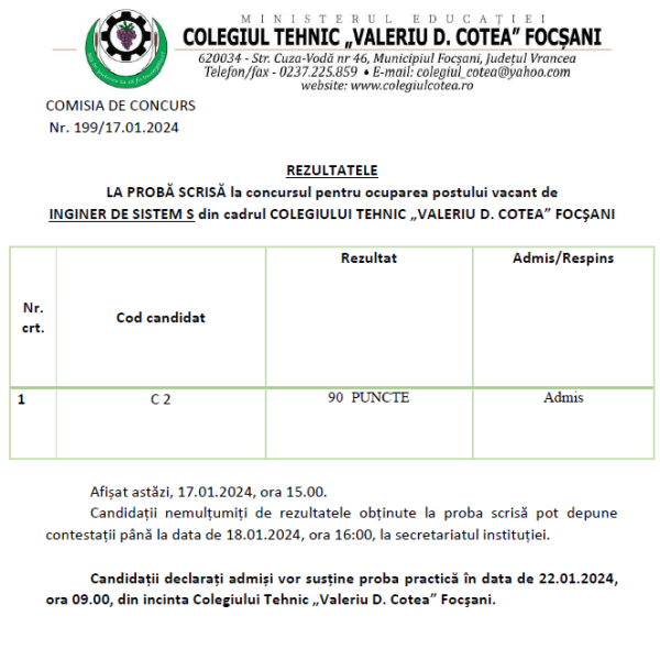 REZULTATELELA PROBĂ SCRISĂ la concursul pentru ocuparea postului vacant de INGINER DE SISTEM S
