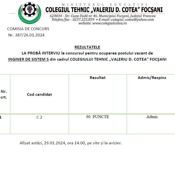 Rezultate Proba – Interviu – Ocupare post INGINER DE SISTEM S