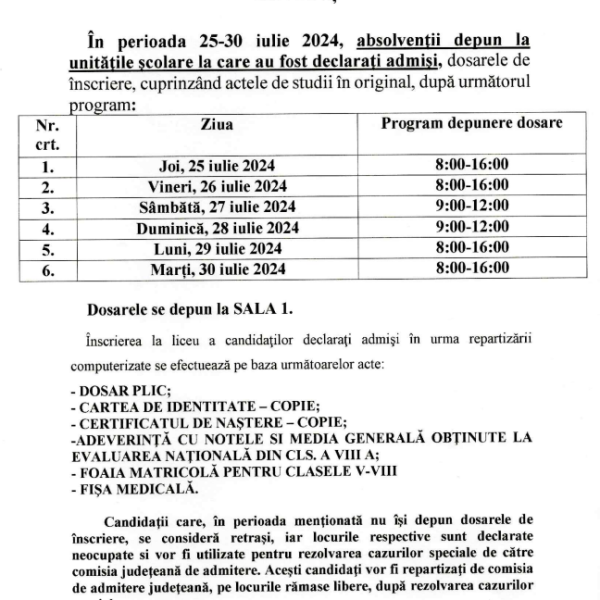 Anunț – Program depunere dosare înscriere liceu