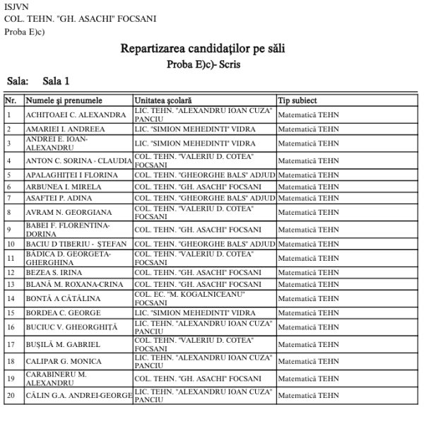 BAC2024 – Sesiunea August – Repartizare candidați pe săli – Proba E)c)