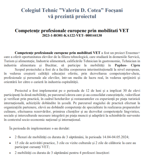 Anunț – Competențe profesionale europene prin mobilitati VET2023-1-RO01-KA122-VET- 000144130