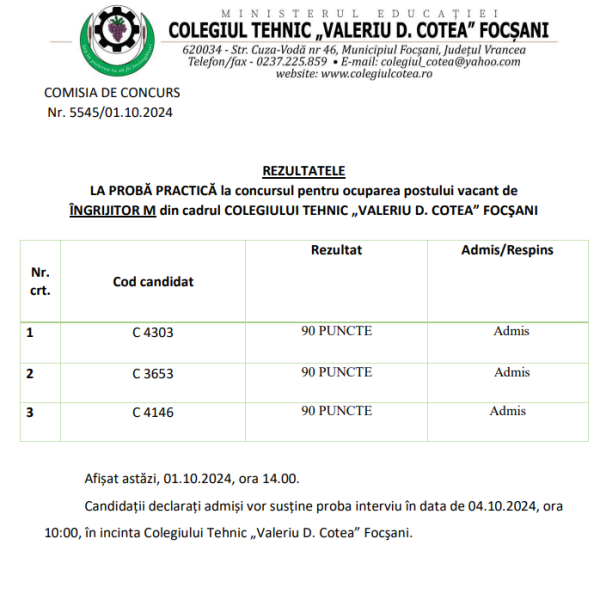 Anunț – Rezultate Proba Practica Concurs – INGRIJITOR M