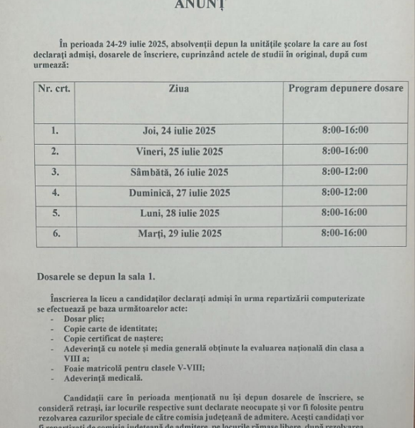 ANUNȚ – Program depunere dosare înscriere la liceu pentru elevii declarați admiși la unitatea noastră școlară