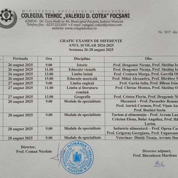 GRAFIC EXAMEN DE DIFERENȚE, ANUL ȘCOLAR 2024-2025, Sesiunea 26-28 august 2025