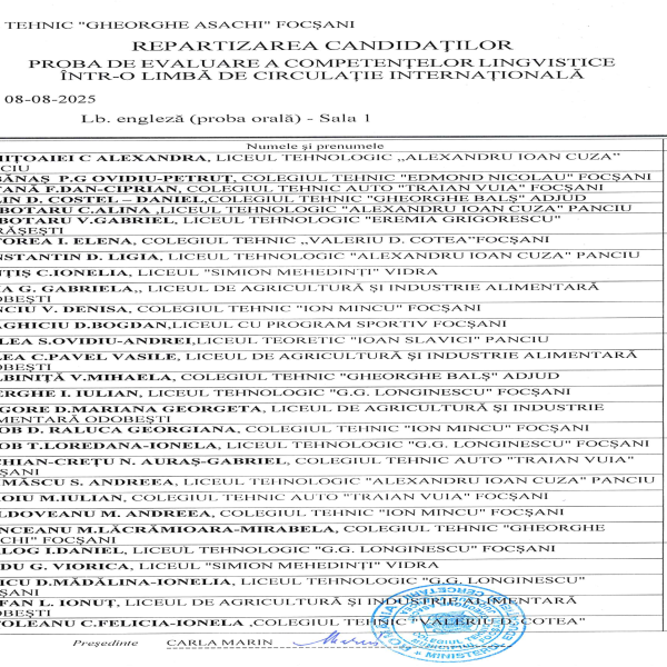 ANUNȚ – REPARTIZAREA CANDIDATILOR – PROBA DE EVALUARE A COMPETENTELOR LINGVISTICE ÎNTR-O LIMBĂ DE CIRCULATIE INTERNAȚIONALĂ