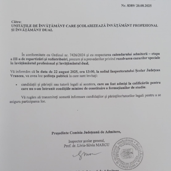 ANUNT – 22.08.2025 – ora13:00 – Sedinta Publica la I.S.J. Vrancea la care sunt invitati candidatii si parintii/tutori legali ai acestora, care au fost admisi la calificarile pentru care nu s-au intrunit conditiile minime de constituire a formatiunilor de studiu