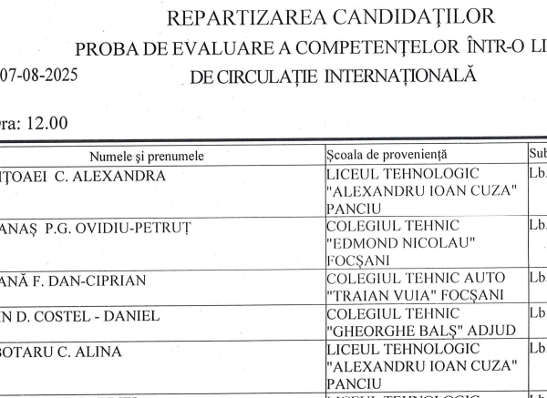 ANUNȚ – REPARTIZAREA CANDIDAȚILOR – PROBA DE EVALUARE A COMPETENȚELOR ÎNTR-O LIMBĂ DE CIRCULAȚIE INTERNAȚIONALĂ