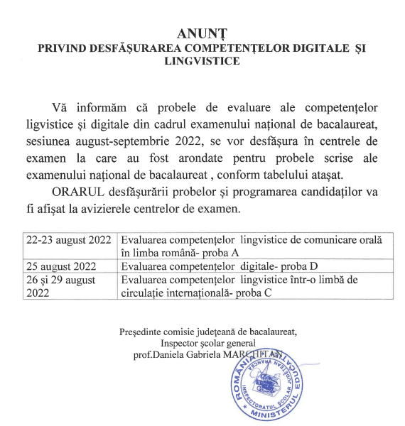 Anunț – În atenția candidaților înscriși la examenul de Bacalaureat, sesiunea August-Septembrie 2022 ce nu au susținut Competentele orale la Examenul de Bacalaureat!