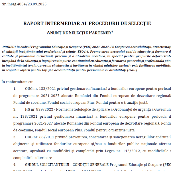 Programul Educație și Ocupare (PEO) 2021-2027 – RAPORT INTERMEDIAR AL PROCEDURII DE SELECȚIE – ANUNȚ DE SELECȚIE PARTENER