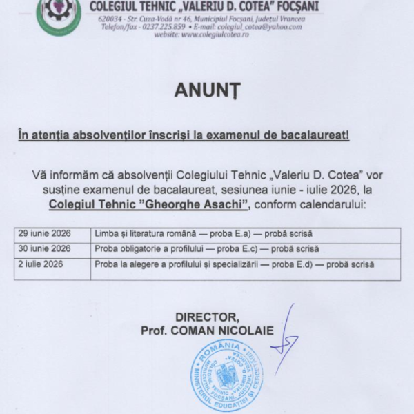 ANUNȚ BACALAUREAT – Sesiunea iunie-iulie 2026 – Programarea probelor scrise se vor susține la Colegiul Tehnic ”Gheorghe Asachi”, conform calendarului&hellip;