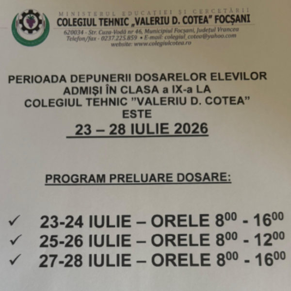 Perioada depunerii dosarelor elevilor admiși în clasa a IX-a