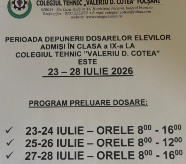 Perioada depunerii dosarelor elevilor admiși în clasa a IX-a