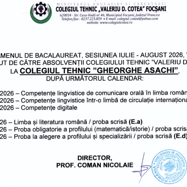 CALENDAR, BACALAUREAT 2026, SESIUNEA IULIE-AUGUST