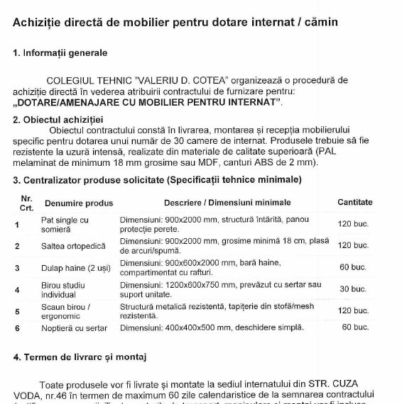 ANUNȚ DE PARTICIPARE – CERERE DE OFERTA / Achiziție directă de mobilier pentru dotare internat /cămin