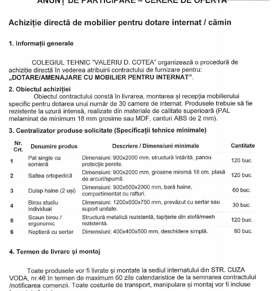 ANUNȚ DE PARTICIPARE – CERERE DE OFERTA / Achiziție directă de mobilier pentru dotare internat /cămin