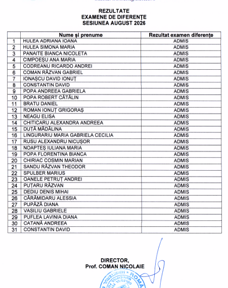 REZULTATE EXAMEN DE DIFERENȚE SESIUNEA AUGUST 2026