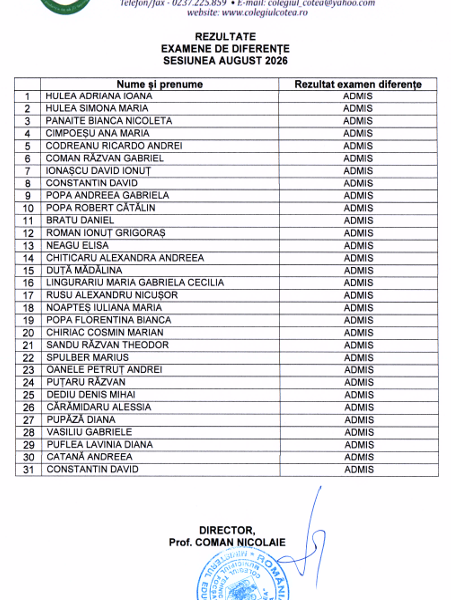 REZULTATE EXAMEN DE DIFERENȚE SESIUNEA AUGUST 2026