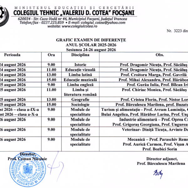 GRAFIC EXAMEN DE DIFERENȚE, Sesiunea 24-26 august 2026