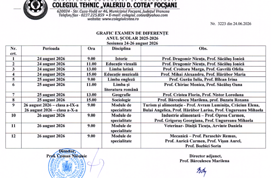 GRAFIC EXAMEN DE DIFERENȚE, Sesiunea 24-26 august 2026