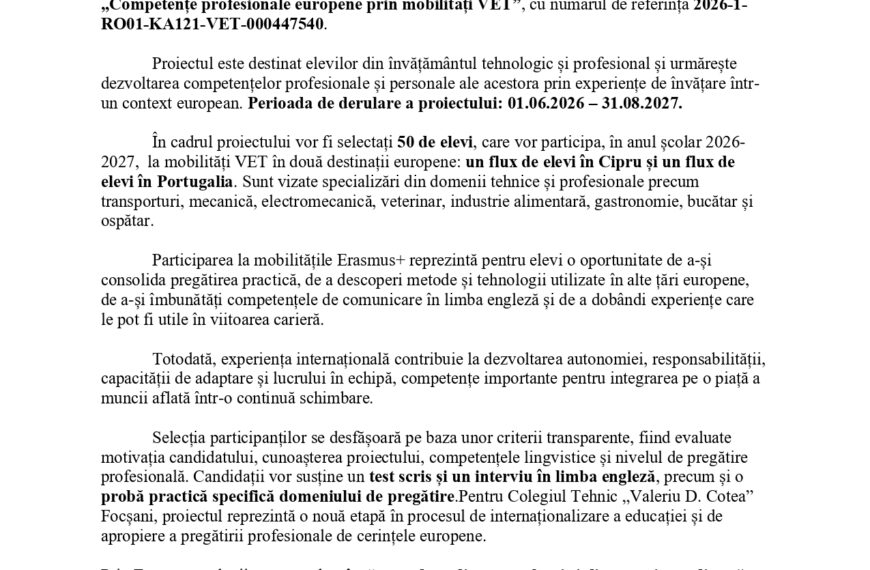 Colegiul Tehnic „Valeriu D. Cotea” Focșani lansează un nou proiect Erasmus+ dedicat dezvoltării competențelor profesionale europene