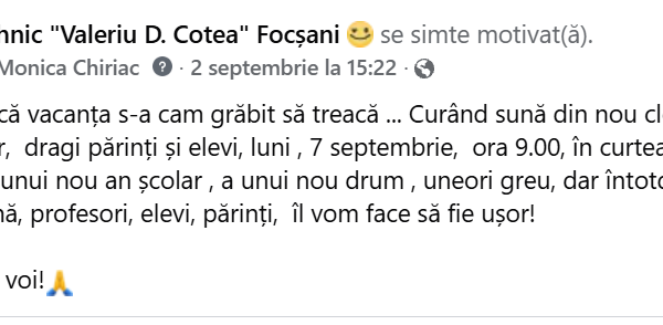 Dragi părinți și elevi, va asteptam la școala, 7 septembrie, ora 9.00