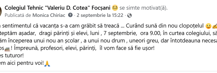 Dragi părinți și elevi, va asteptam la școala, 7 septembrie, ora 9.00